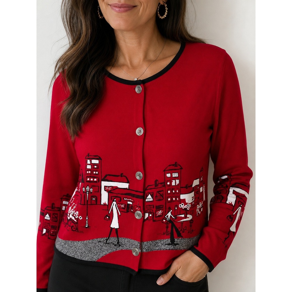 Vintage Koret Red Cityscape Cardigan M Shoulder Pads Artsy Novelty 90s Holiday